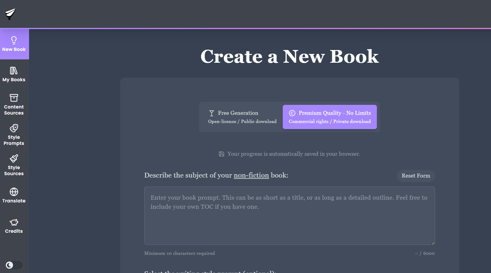 Submit book project interface
